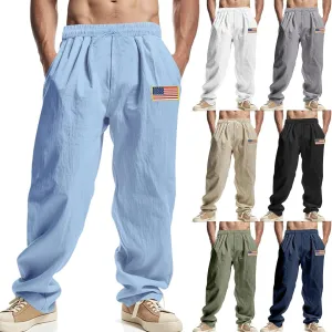Cotton Linen Cargo Pants for Men America Flag Print Summer Casual Elastic Waist Pant with Pockets Boho Beach Trousers