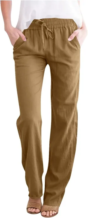 Cotton Linen Pants for Women Casual Summer Wide Leg Pants Drawstring High Waist Straight Leg Trousers with Pockets