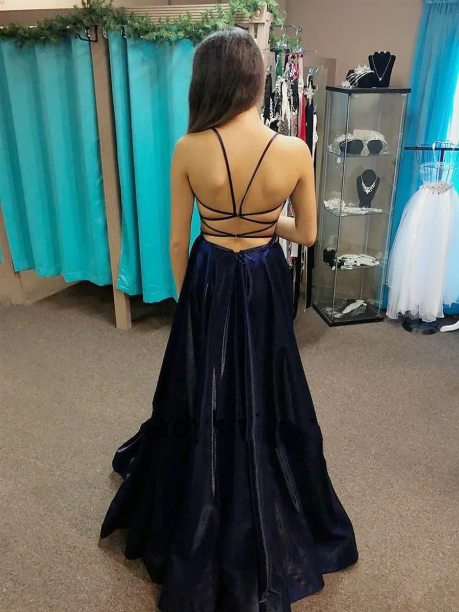 Dark Navy Long A-line V-neck Satin Open Back Formal Graduation Prom Dresses