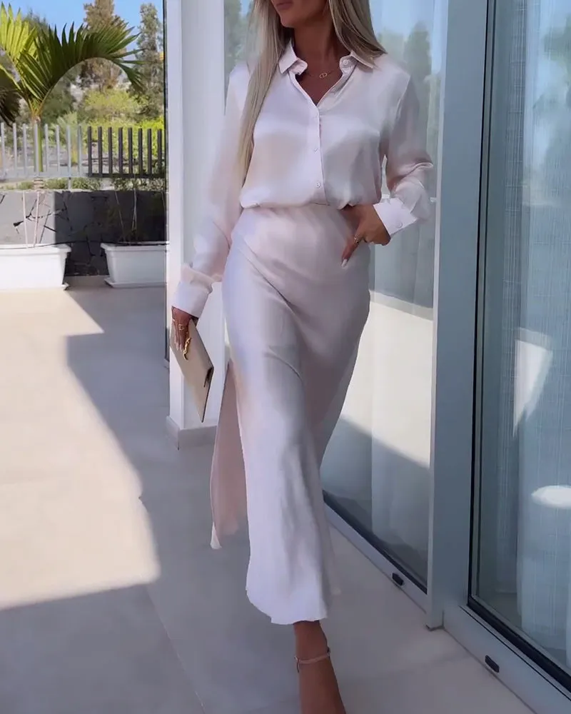 Elegant solid color slit slim skirt