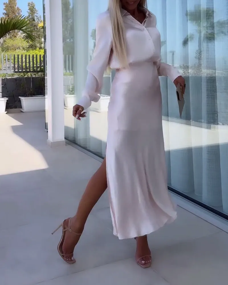 Elegant solid color slit slim skirt