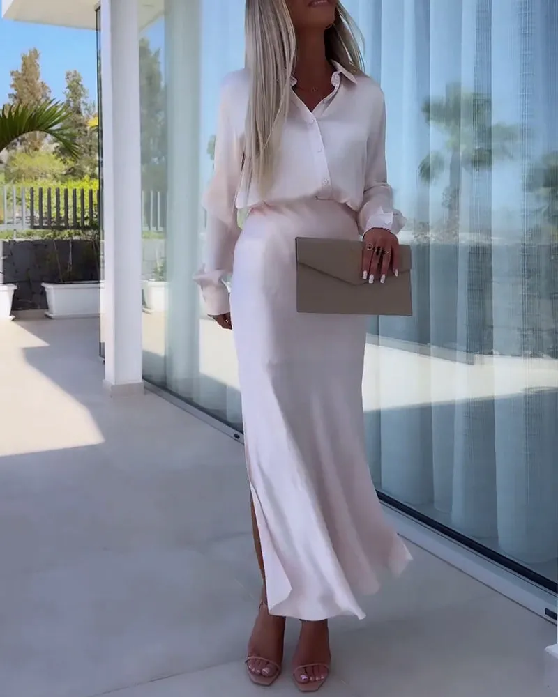 Elegant solid color slit slim skirt