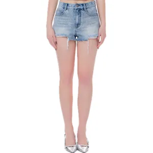 Fine Glitter Logo Iron-On Denim Shorts Blue