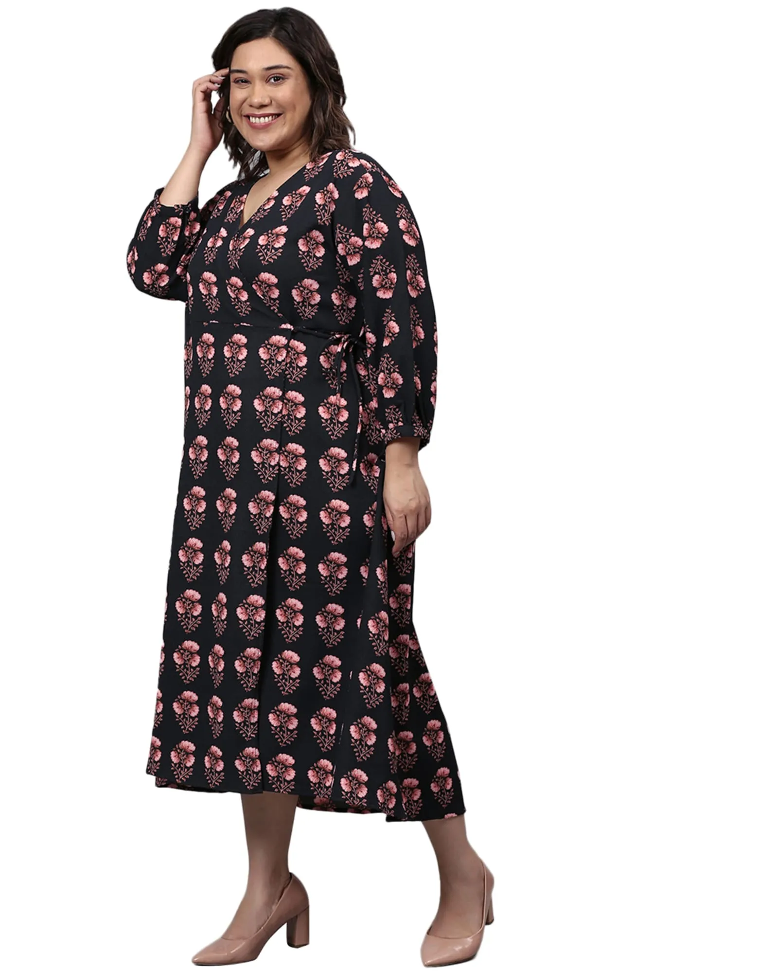 Floral Motif Midi Dress | Black