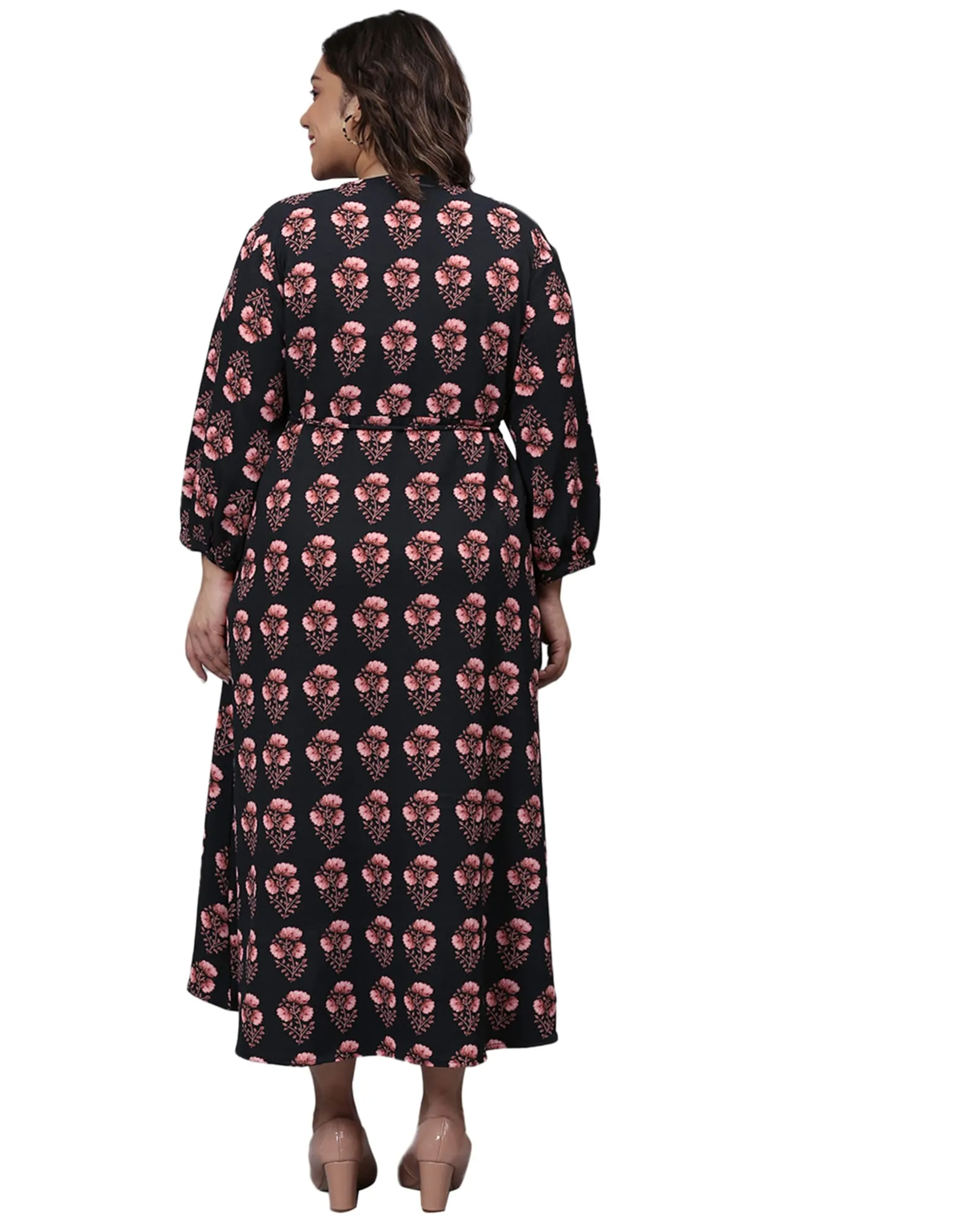 Floral Motif Midi Dress | Black