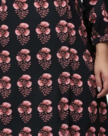 Floral Motif Midi Dress | Black