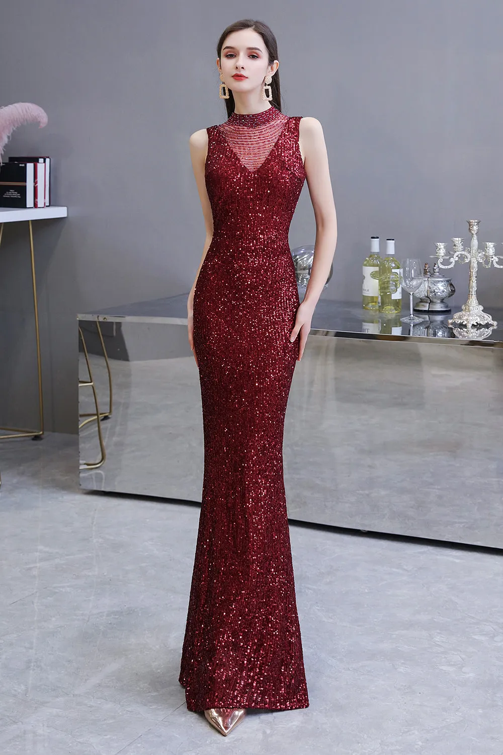Gorgeous Mermaid Burgundy Sequins Long Prom Dress