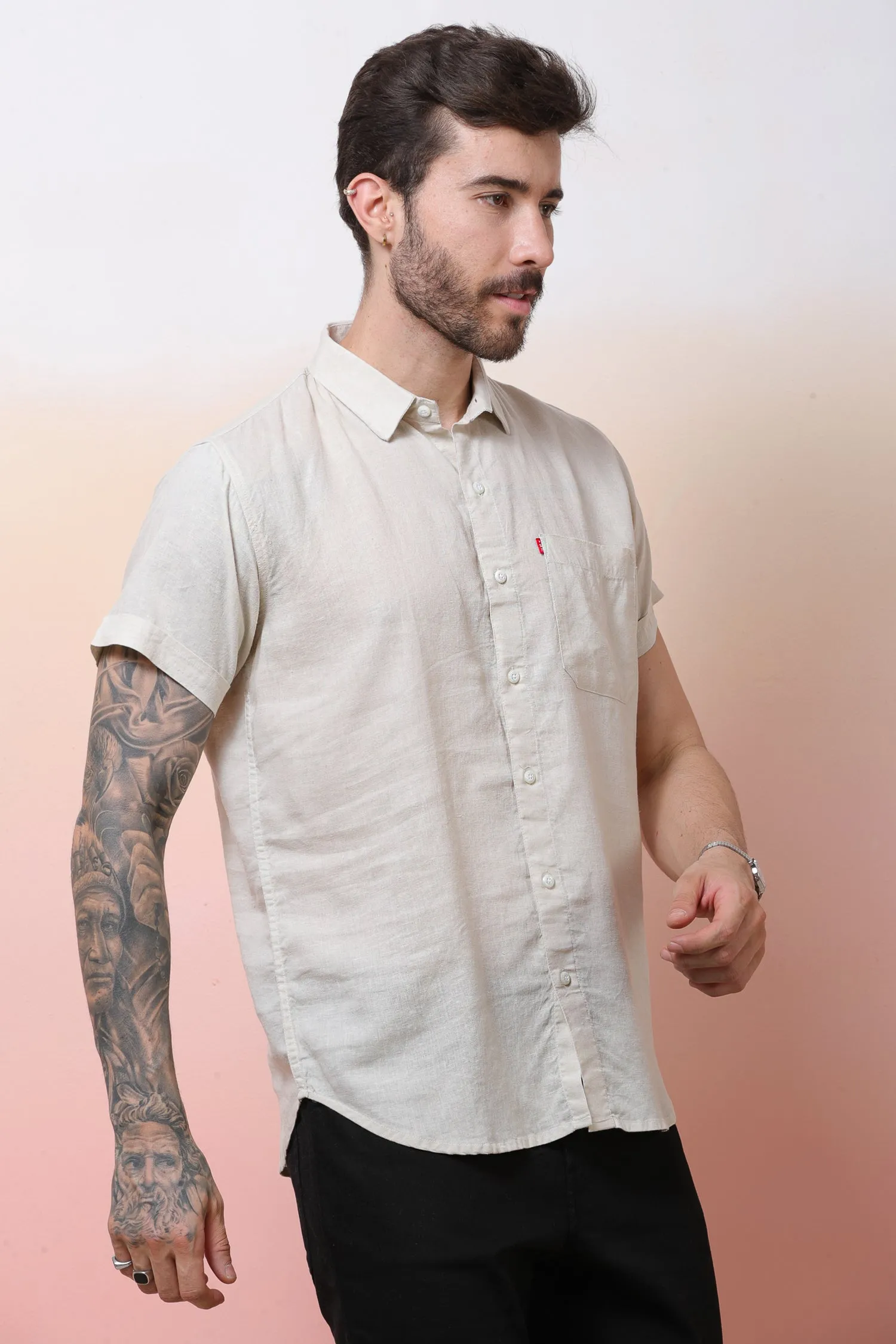 Halfsleeve Cream Linen Plain Shirt