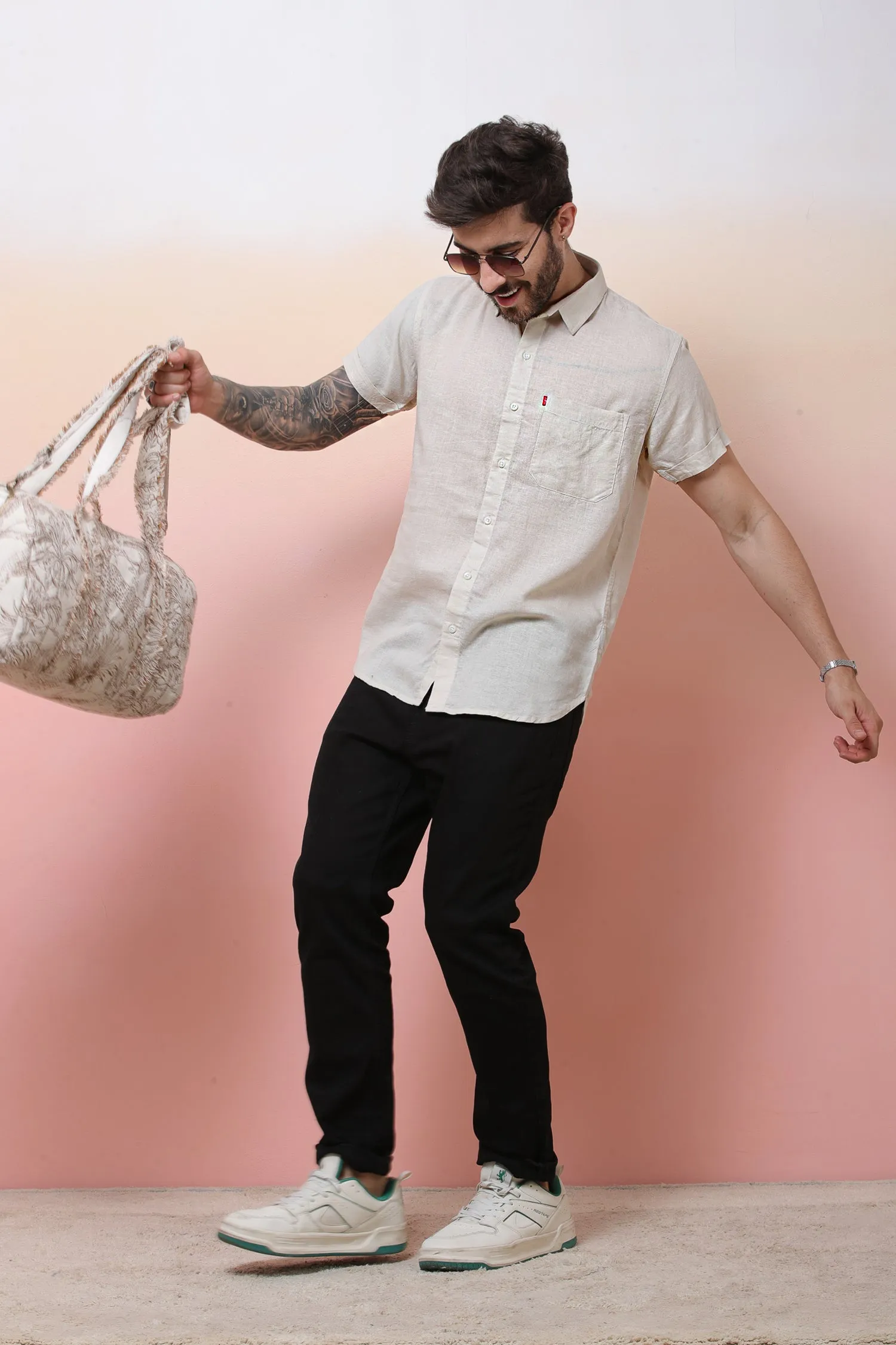 Halfsleeve Cream Linen Plain Shirt