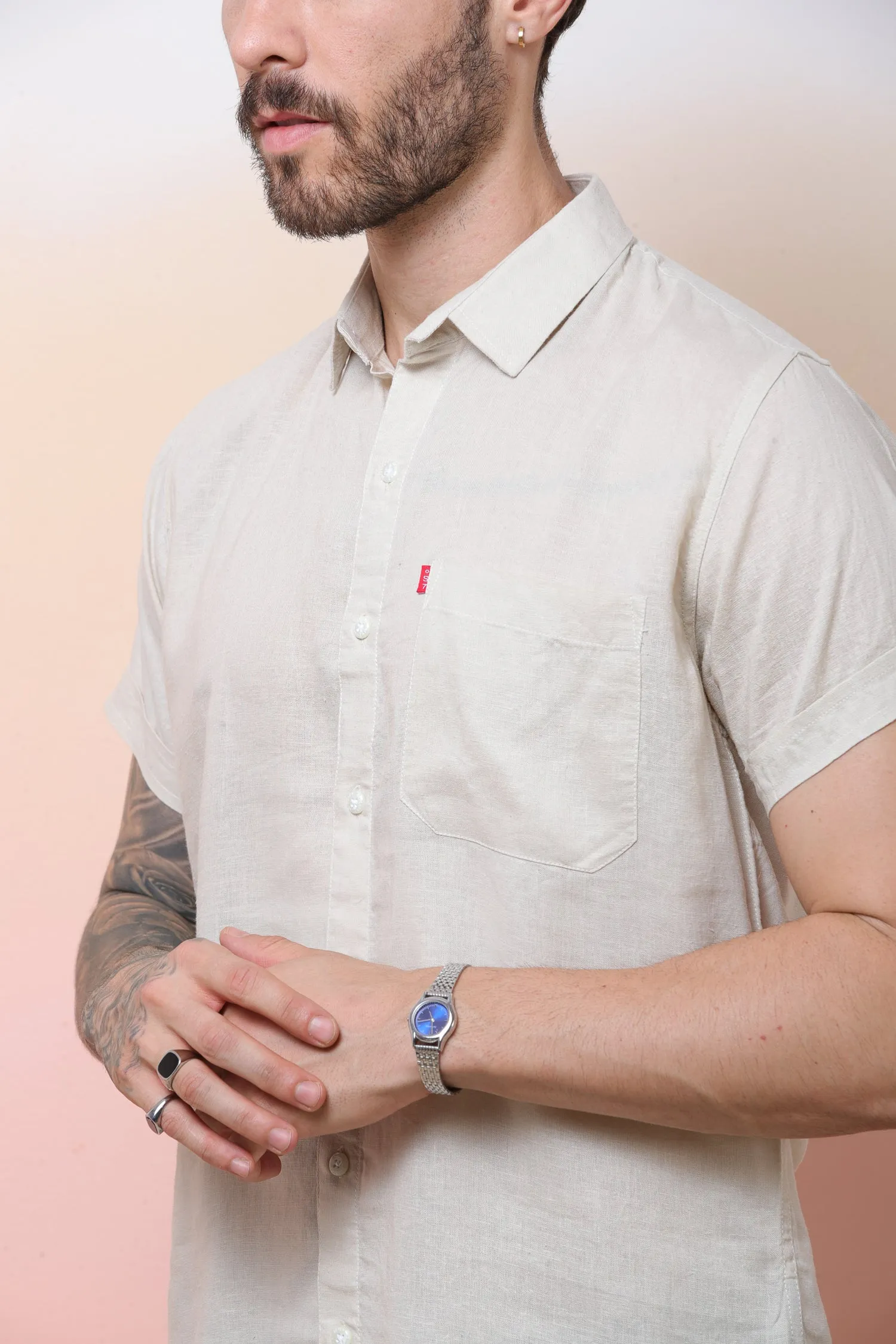 Halfsleeve Cream Linen Plain Shirt