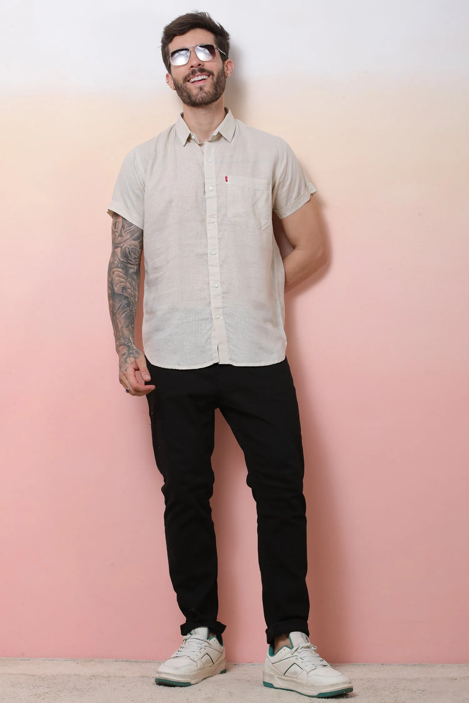 Halfsleeve Cream Linen Plain Shirt