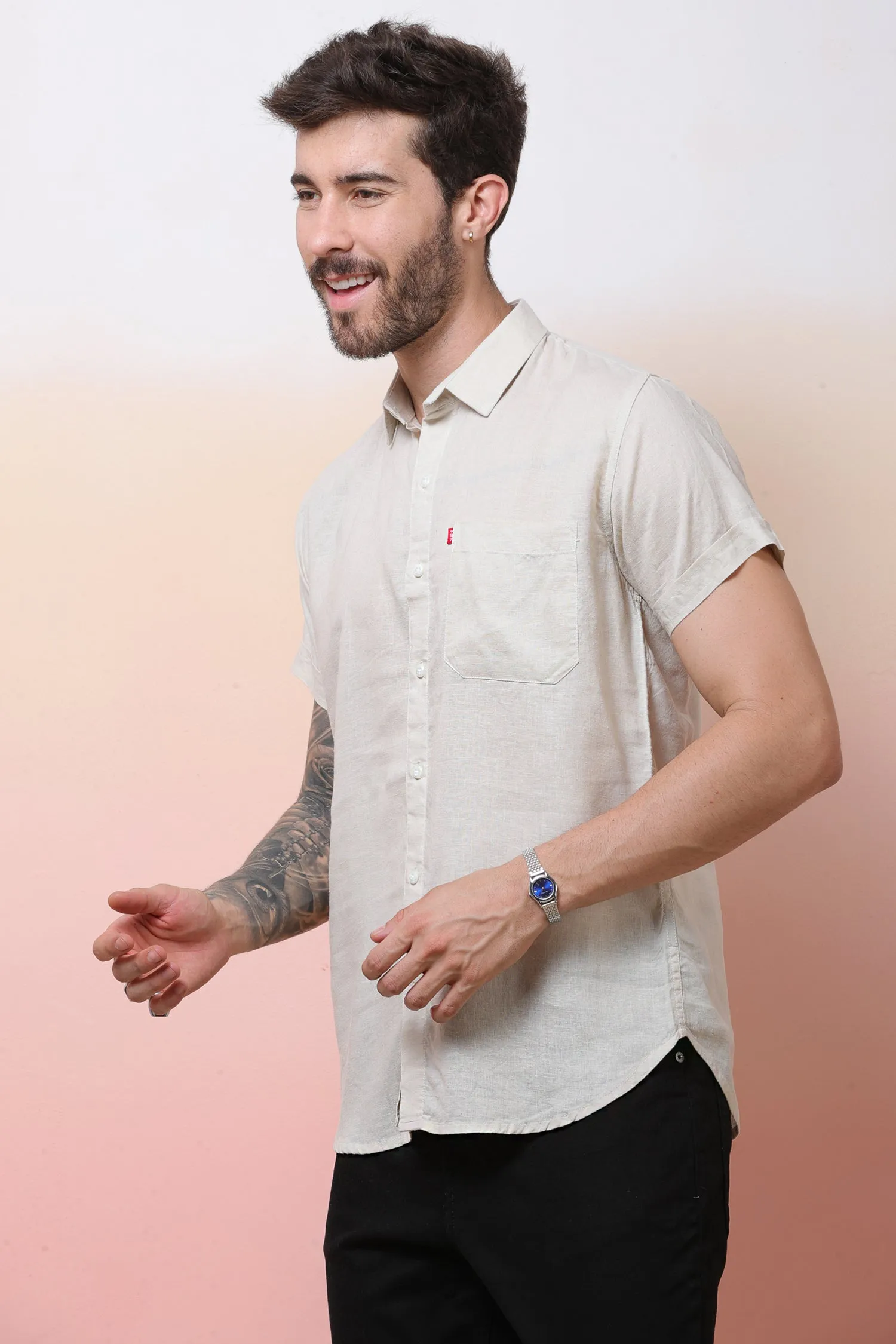 Halfsleeve Cream Linen Plain Shirt