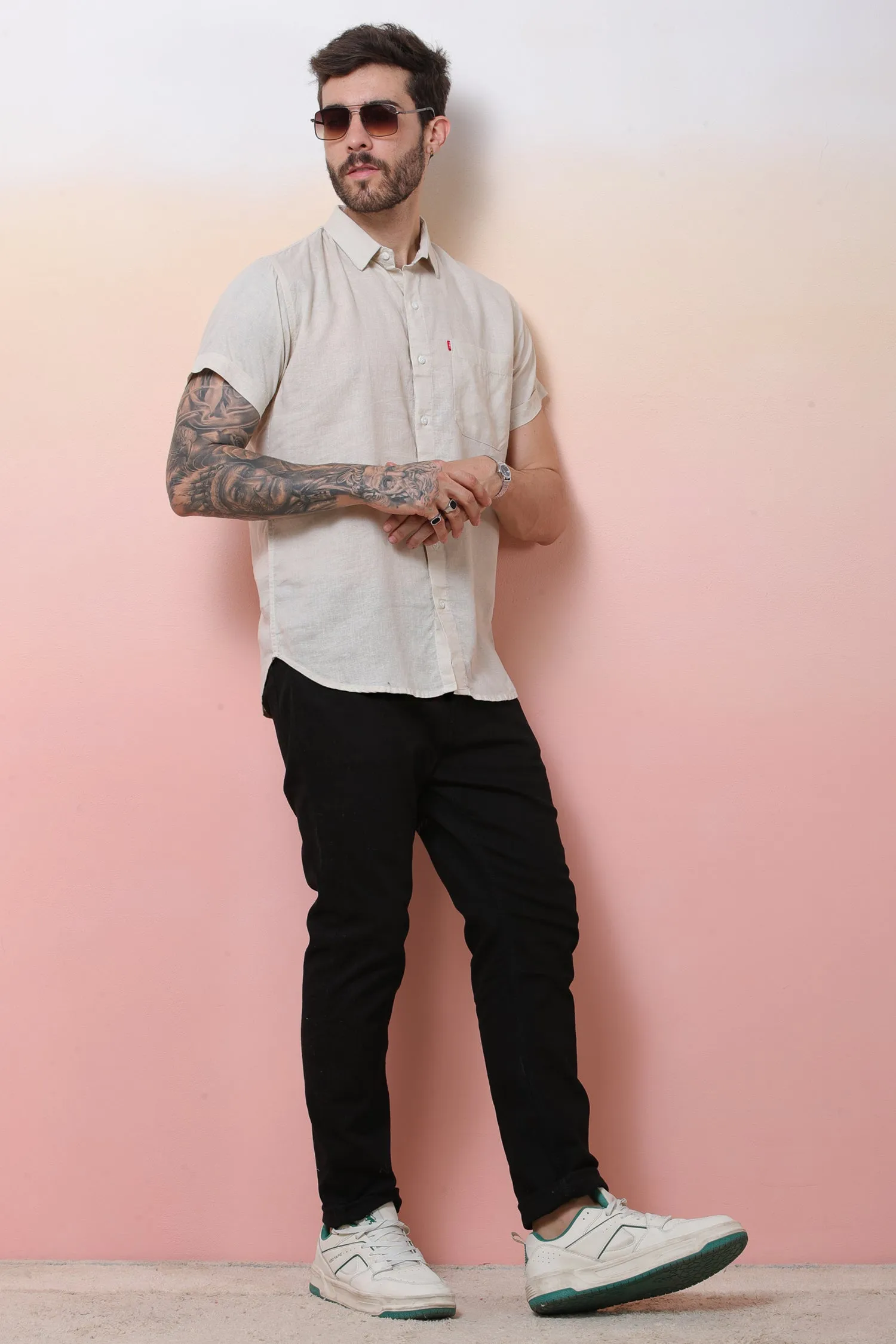 Halfsleeve Cream Linen Plain Shirt