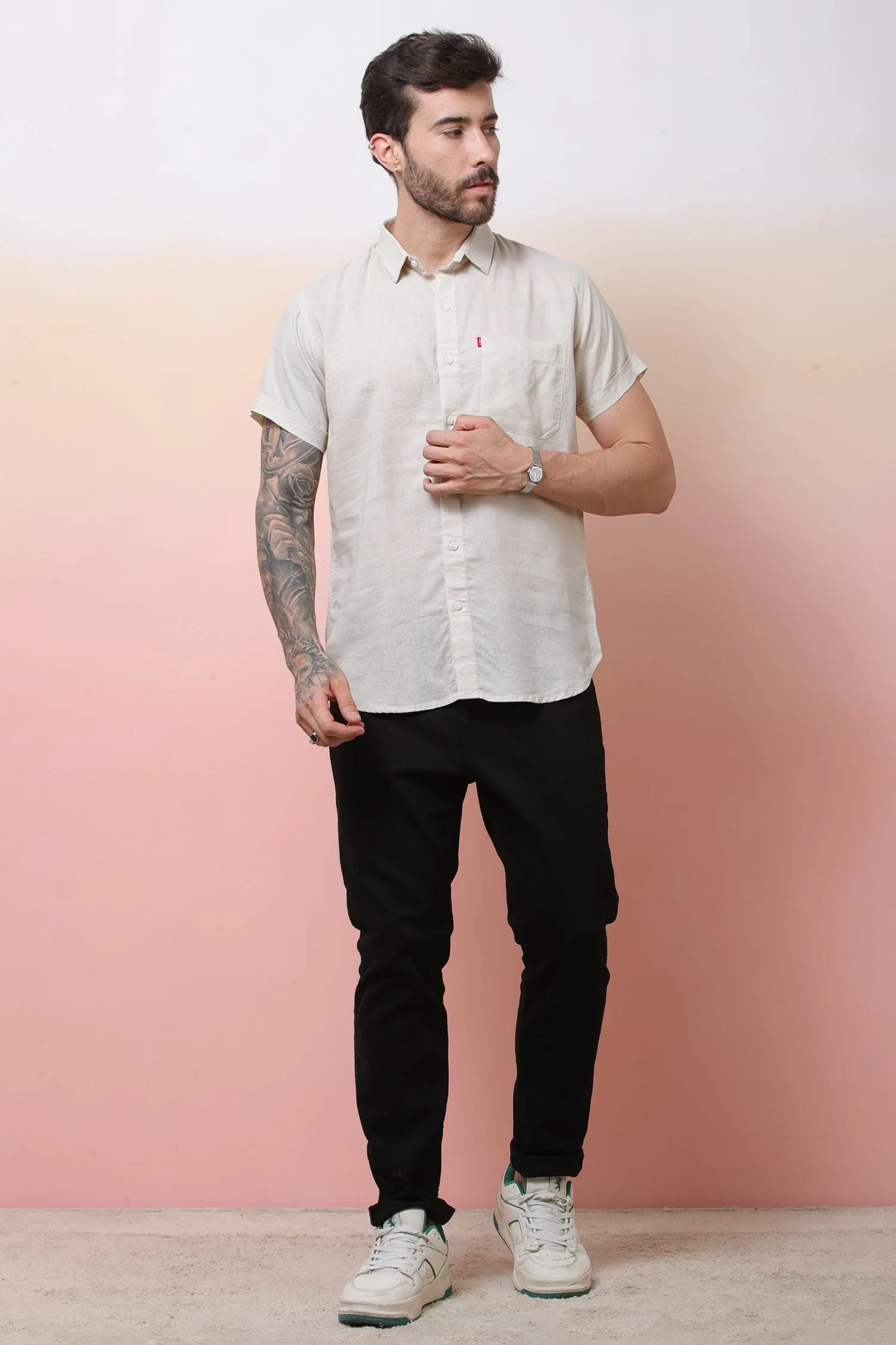Halfsleeve Cream Linen Plain Shirt