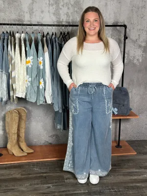 Lightweight Denim Embroidered Pants - FINAL SALE