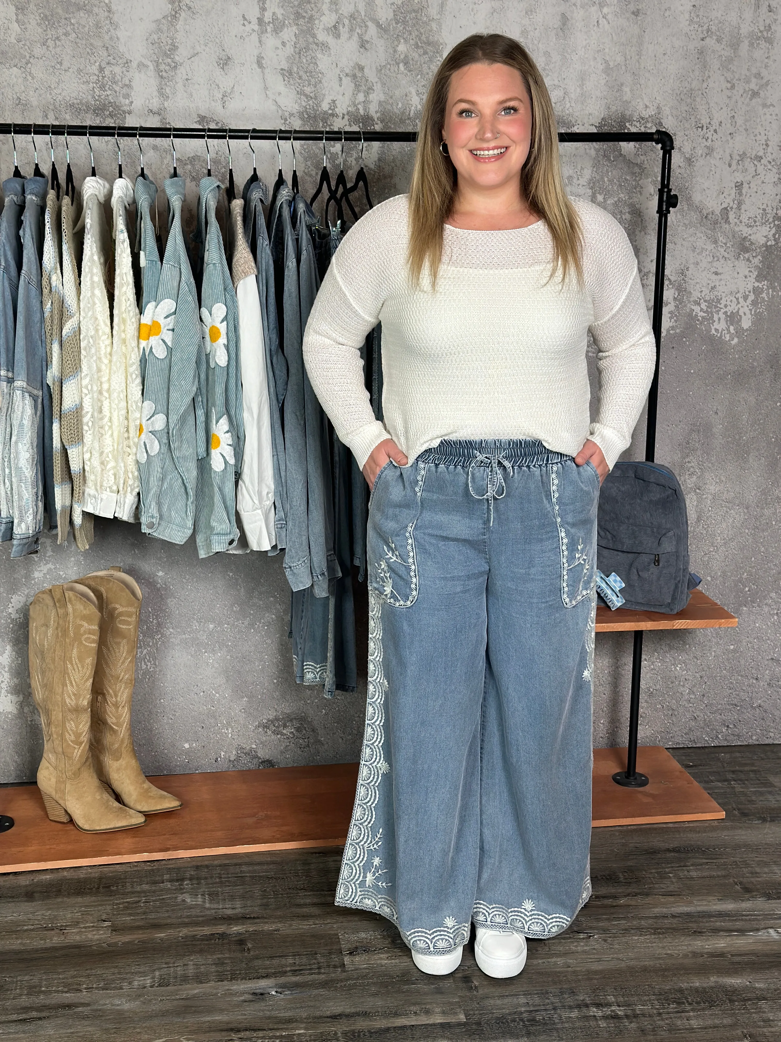 Lightweight Denim Embroidered Pants - FINAL SALE
