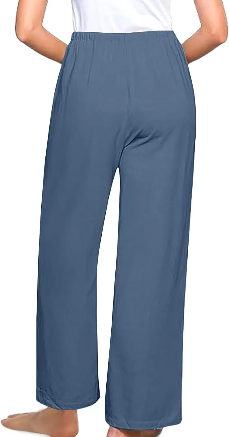 Linen Pants Women Drawstring High Waisted Wide Leg Cotton Baggy Trousers 2025 Summer Casual Bell Pant with Pockets