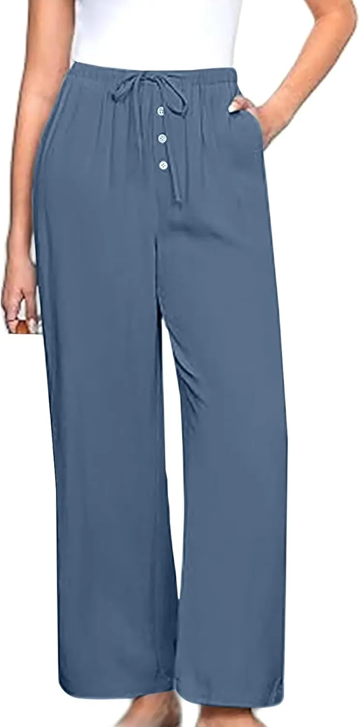 Linen Pants Women Drawstring High Waisted Wide Leg Cotton Baggy Trousers 2025 Summer Casual Bell Pant with Pockets