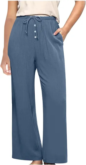 Linen Pants Women Drawstring High Waisted Wide Leg Cotton Baggy Trousers 2025 Summer Casual Bell Pant with Pockets