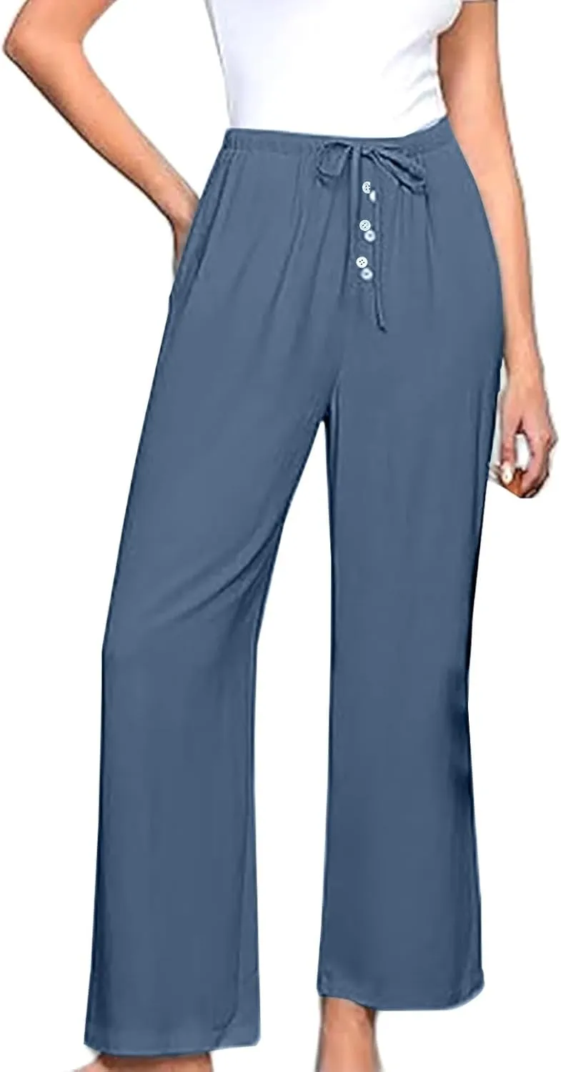 Linen Pants Women Drawstring High Waisted Wide Leg Cotton Baggy Trousers 2025 Summer Casual Bell Pant with Pockets