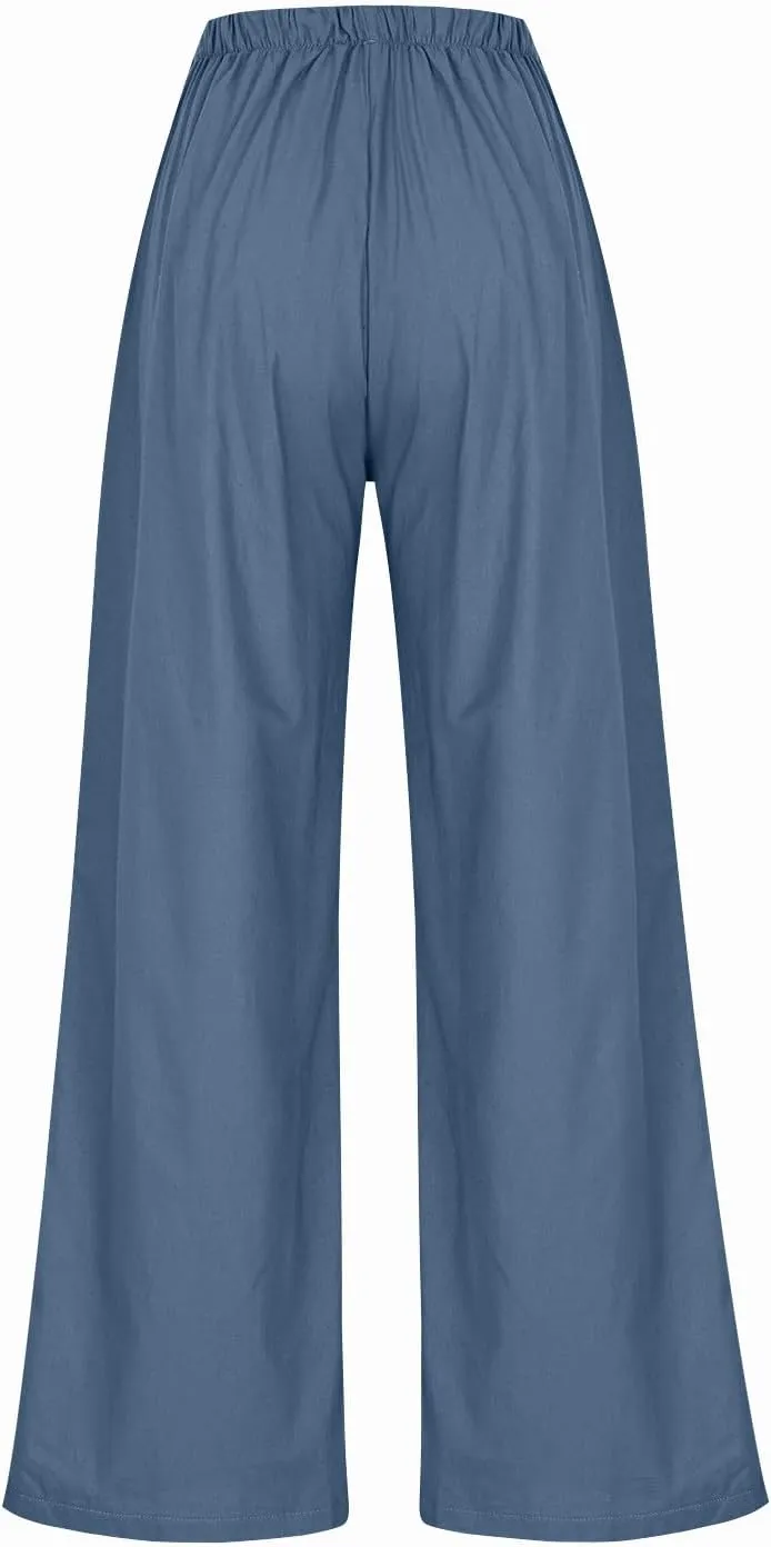 Linen Pants Women Drawstring High Waisted Wide Leg Cotton Baggy Trousers 2025 Summer Casual Bell Pant with Pockets