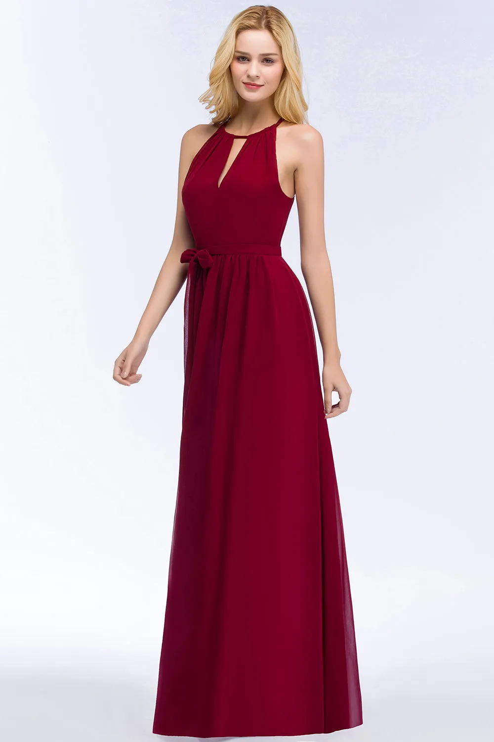 Long A-Line Chiffon Halter Sleeveless Ruffles Bridesmaid Dresses with Bow Sash