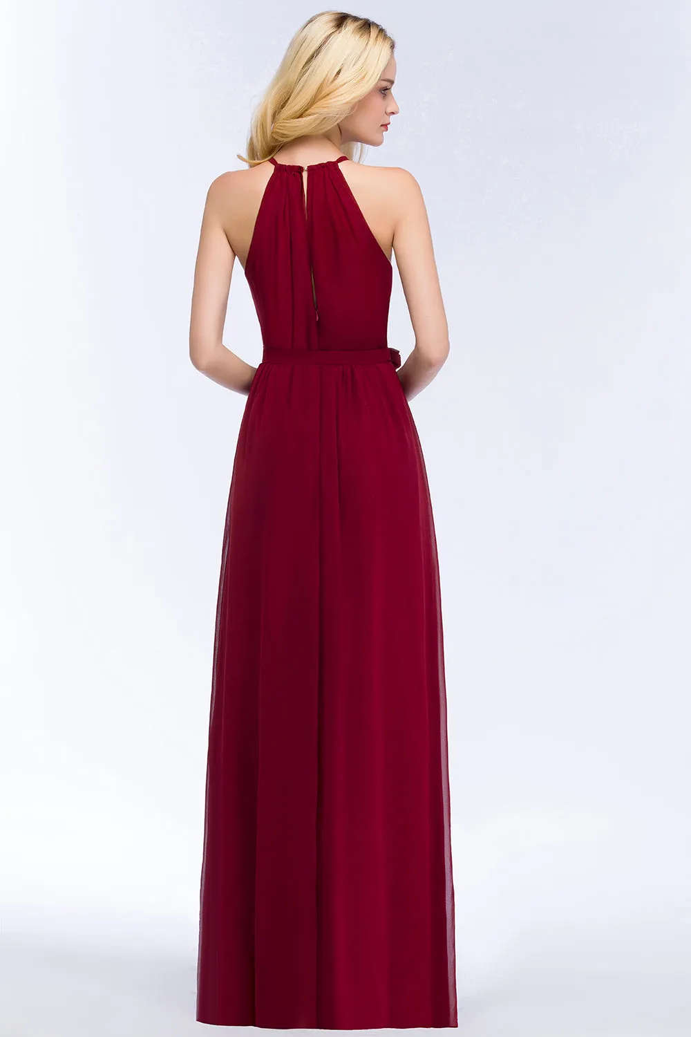 Long A-Line Chiffon Halter Sleeveless Ruffles Bridesmaid Dresses with Bow Sash