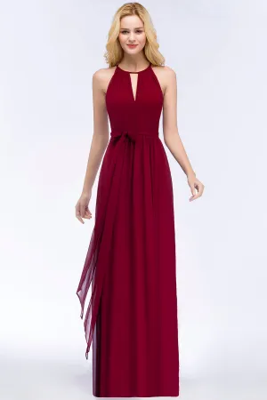 Long A-Line Chiffon Halter Sleeveless Ruffles Bridesmaid Dresses with Bow Sash