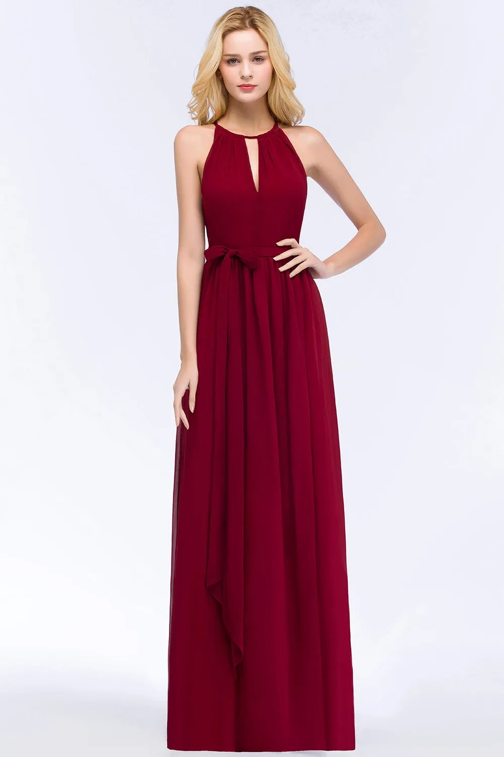 Long A-Line Chiffon Halter Sleeveless Ruffles Bridesmaid Dresses with Bow Sash