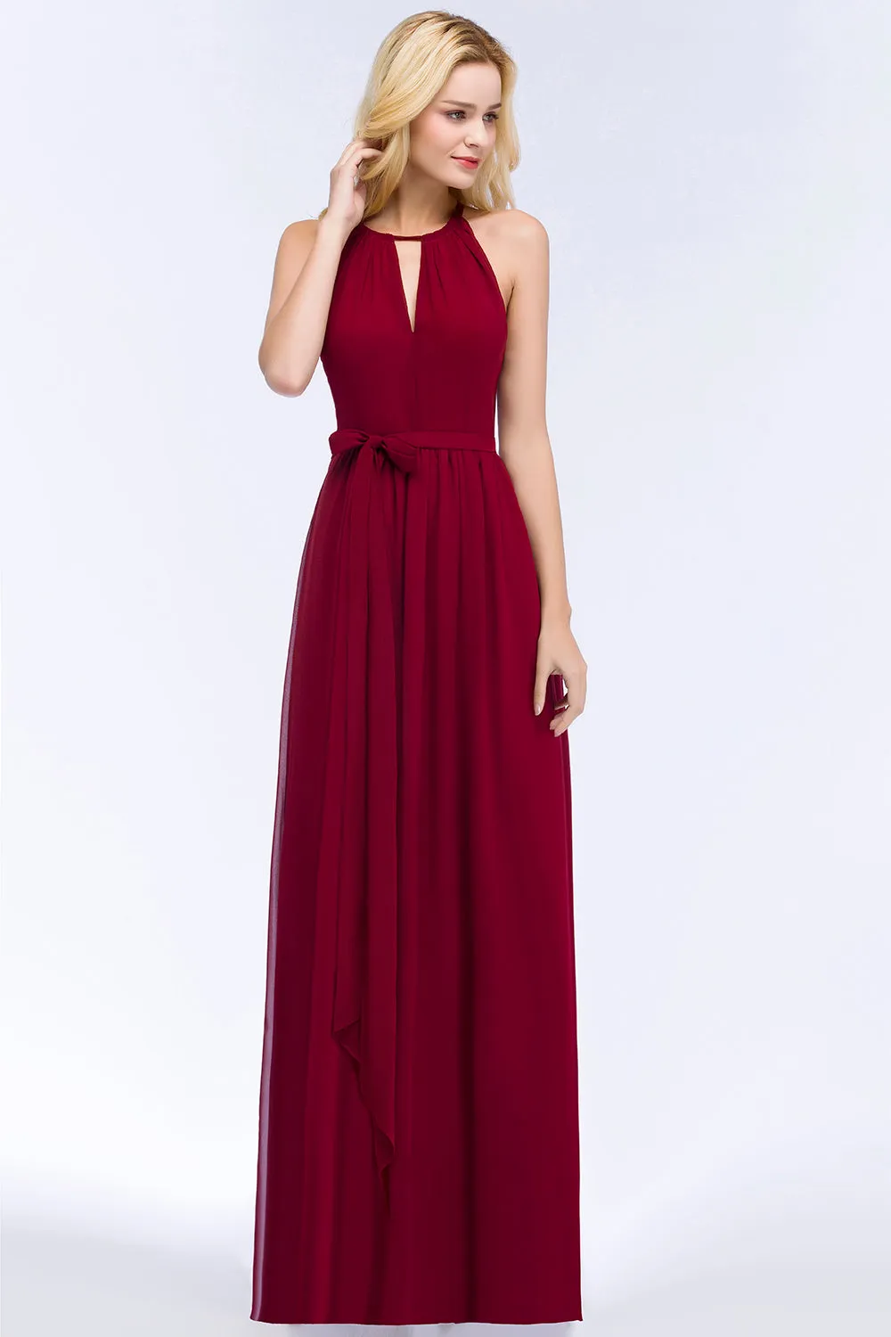 Long A-Line Chiffon Halter Sleeveless Ruffles Bridesmaid Dresses with Bow Sash
