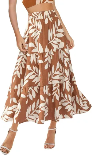 Long Skirts for Women Trendy Summer High Waisted Flowy Tiered Floral Maxi Skirts Casual A-Line Pleated Boho Skirt