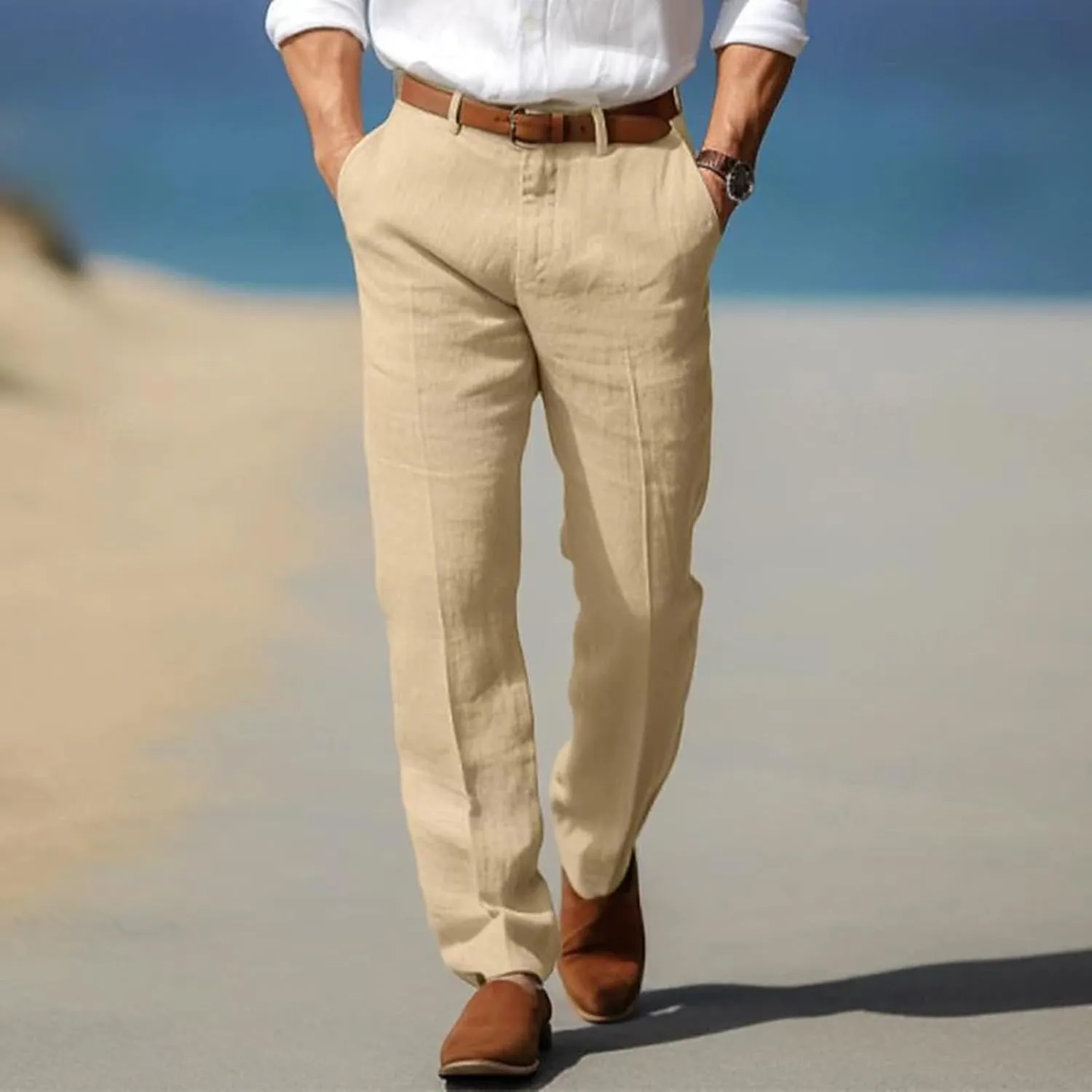 Men's Pants Linen Pants Solid Color Straight Business Summer Casual Comfortable Beach Fashion Slim Fit Dress Pant