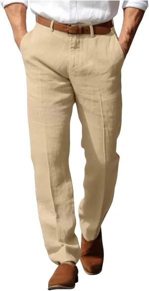Men's Pants Linen Pants Solid Color Straight Business Summer Casual Comfortable Beach Fashion Slim Fit Dress Pant