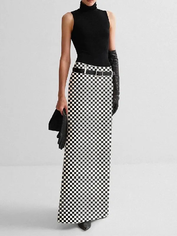 No Belt Plaid Printed Split-back H-line Skirts Bottoms