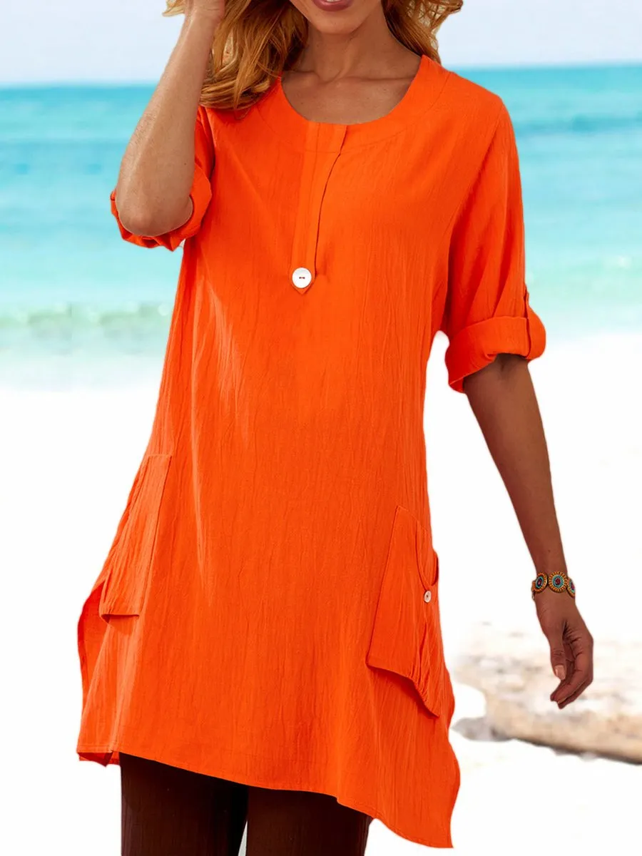 Pockets Solid Tunic Women Long Sleeve Blouses