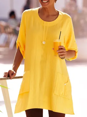 Pockets Solid Tunic Women Long Sleeve Blouses