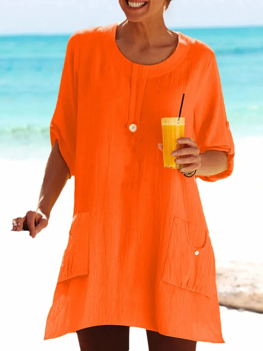 Pockets Solid Tunic Women Long Sleeve Blouses