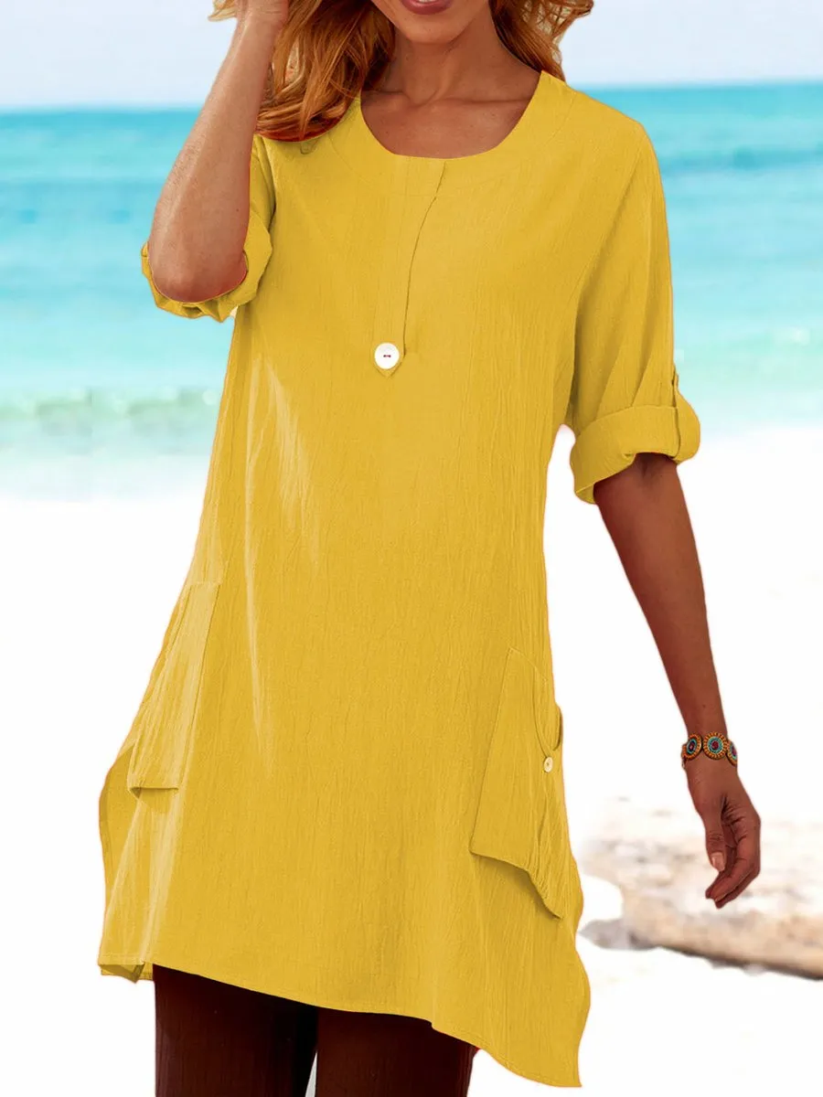Pockets Solid Tunic Women Long Sleeve Blouses