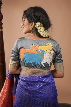 Pure raw silk blouse in Gray with Pichwai Cow Handpainting and zari borders, Customizable, Made to Order