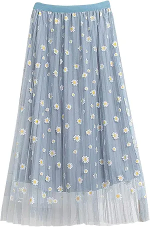 skirts for women trendy Floral Pleated Mesh Overlay Elastic Waist skirts for women midi length Big Swing A-LineTulle Skirt Light Blue