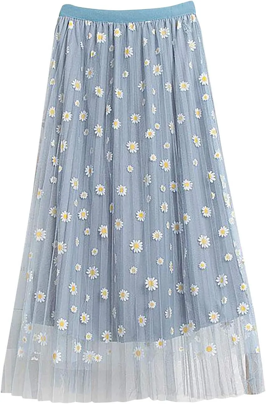 skirts for women trendy Floral Pleated Mesh Overlay Elastic Waist skirts for women midi length Big Swing A-LineTulle Skirt Light Blue
