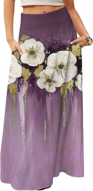 Summer Boho Floral Long Skirts for Women 2025 Casual Trendy A-Line Elastic High Waist Maxi Flowy Skirt with Pocket