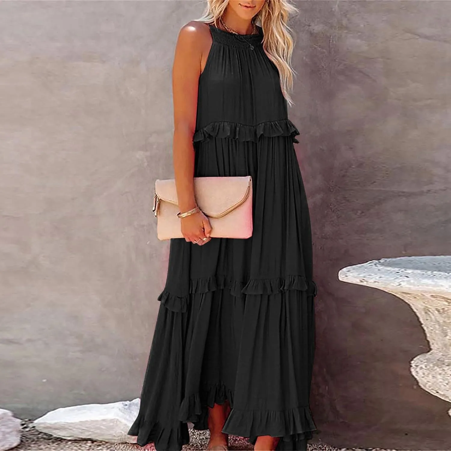 Summer Dresses for Women 2024 Halter Tie Back Loose Flowy Ruffle Tiered Maxi Dress Beach Swing Long Dress Sundress