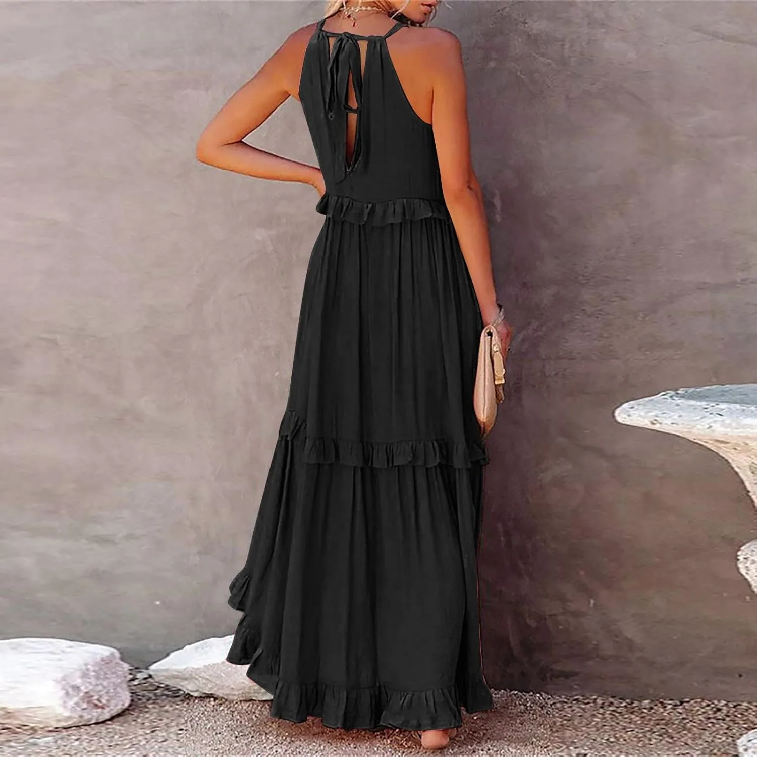 Summer Dresses for Women 2024 Halter Tie Back Loose Flowy Ruffle Tiered Maxi Dress Beach Swing Long Dress Sundress