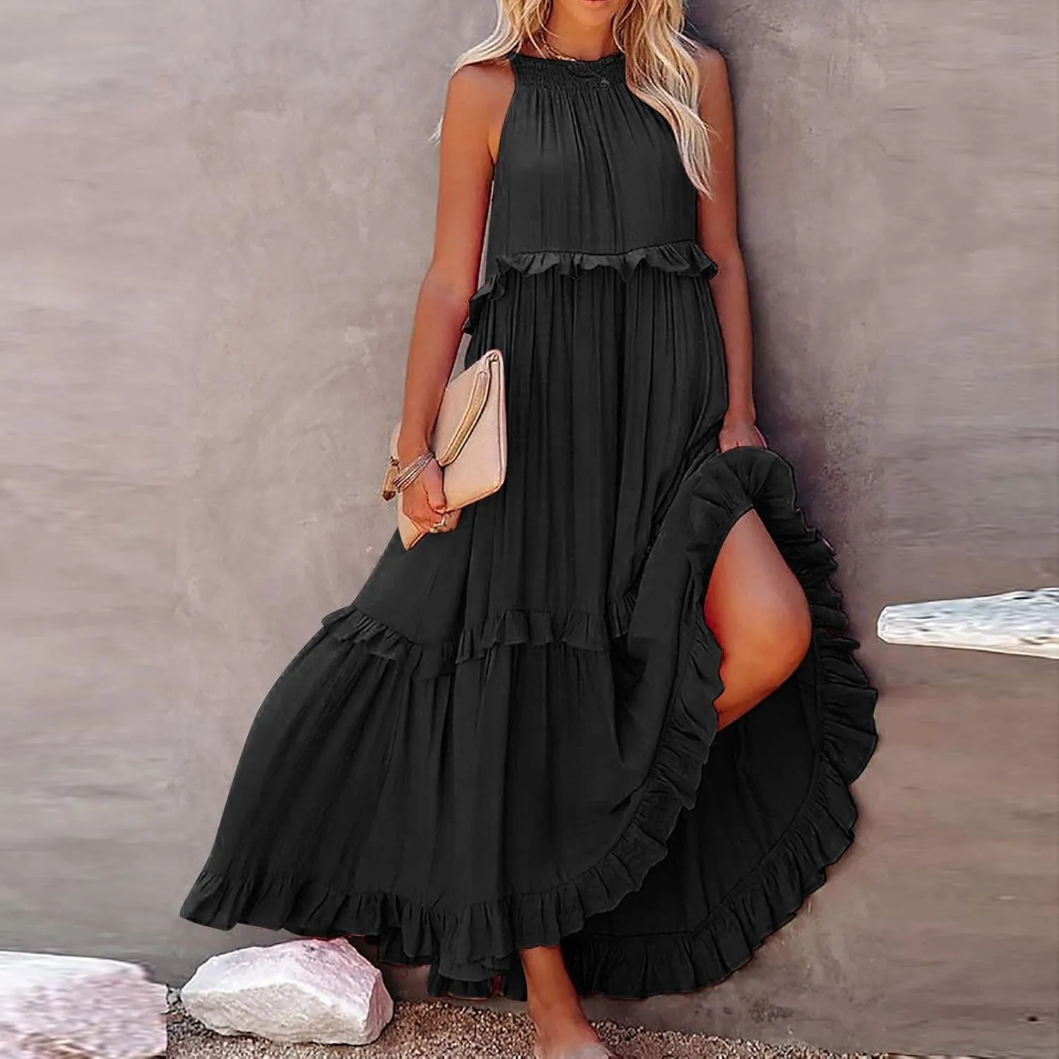 Summer Dresses for Women 2024 Halter Tie Back Loose Flowy Ruffle Tiered Maxi Dress Beach Swing Long Dress Sundress