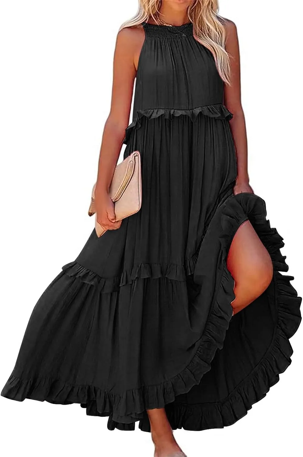 Summer Dresses for Women 2024 Halter Tie Back Loose Flowy Ruffle Tiered Maxi Dress Beach Swing Long Dress Sundress