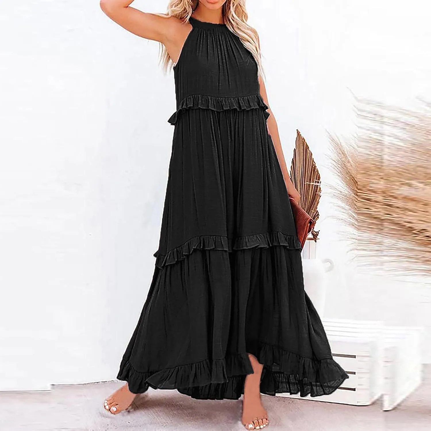 Summer Dresses for Women 2024 Halter Tie Back Loose Flowy Ruffle Tiered Maxi Dress Beach Swing Long Dress Sundress