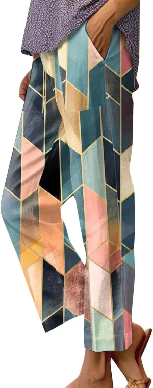 Summer Pants for Women 2024 Trendy Floral Print Elastic Waist Pants Straight Leg Baggy Comfy Trousers with Pocket