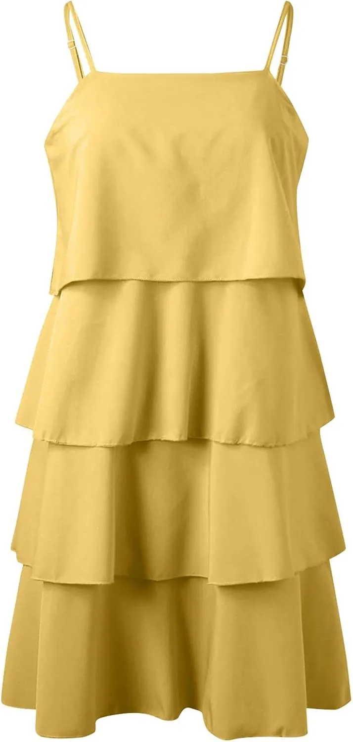 Tiered Sun Dress Women Casual Spaghetti Strap Mini Dress Cute Sleeveless Summer Short Dress 2025 Vacation Outfits