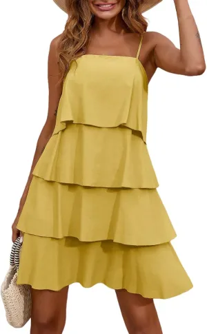 Tiered Sun Dress Women Casual Spaghetti Strap Mini Dress Cute Sleeveless Summer Short Dress 2025 Vacation Outfits